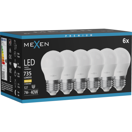 Mexen Nova 6x Bombilla LED E27, G45, 7W, Cálida - 3000K, 735 lm - L101-E27-0730-01x06