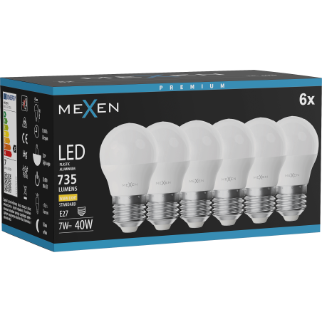 Mexen Nova 6x LED-Glühbirne E27, G45, 7W, Warm - 3000K, 735 lm - L101-E27-0730-01x06