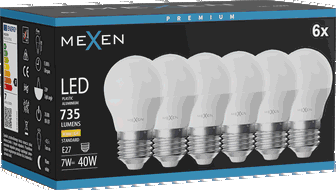 Mexen Nova 6x LED spuldze E27, G45, 7W, Silta - 3000K, 735 lm - L101-E27-0730-01x06