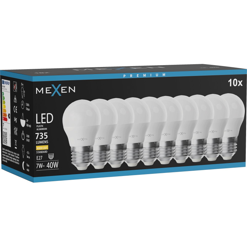 Mexen Nova 10x Bombilla LED E27, G45, 7W, Cálida - 3000K, 735 lm - L101-E27-0730-01x10