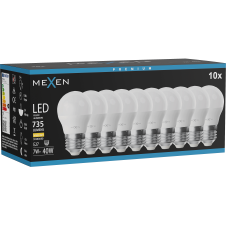 Mexen Nova 10x LED-lamp E27, G45, 7W, Soe - 3000K, 735 lm - L101-E27-0730-01x10