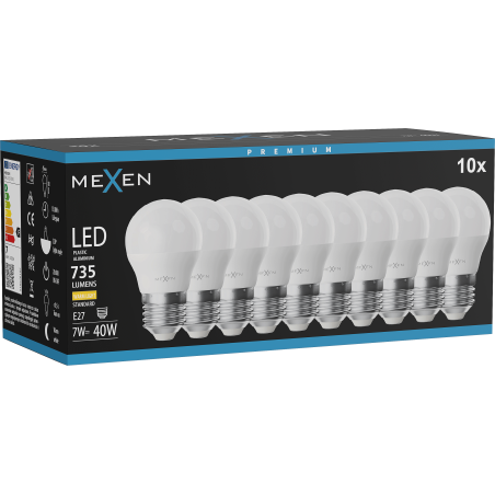 Mexen Nova 10x LED žarnica E27, G45, 7W, Topla - 3000K, 735 lm - L101-E27-0730-01x10