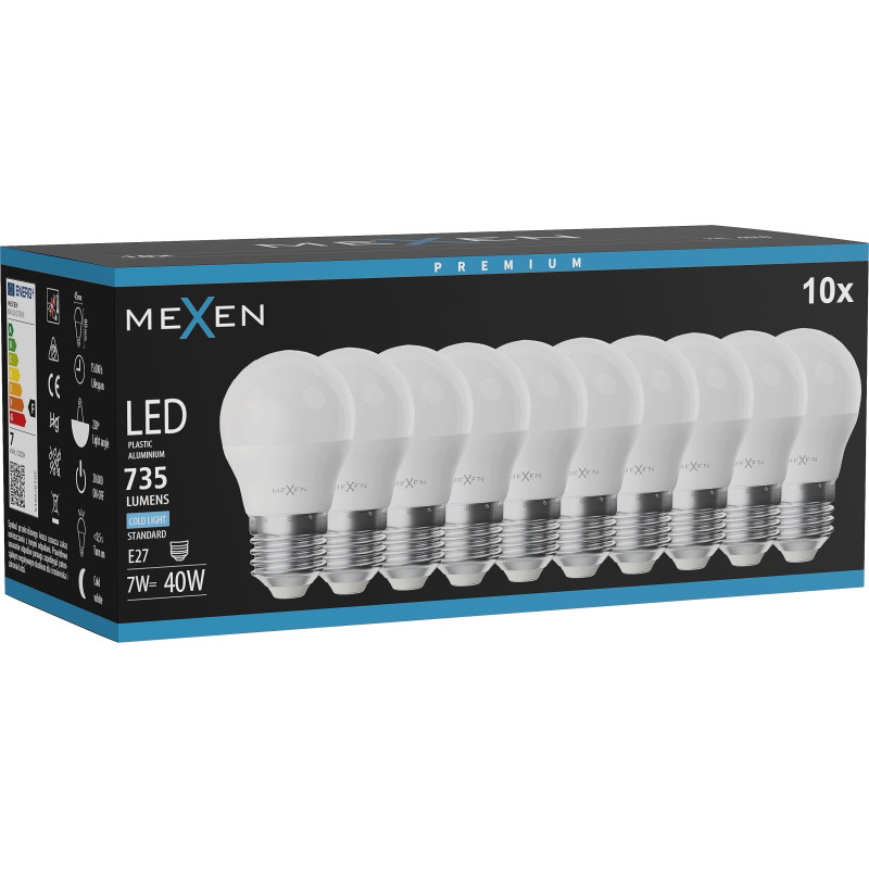 Mexen Nova 10x LED-glödlampa E27, G45, 7W, Kall - 6500K, 735 lm - L101-E27-0765-01x10