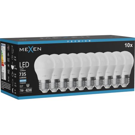 Mexen Nova 10x LED-glödlampa E27, G45, 7W, Kall - 6500K, 735 lm - L101-E27-0765-01x10
