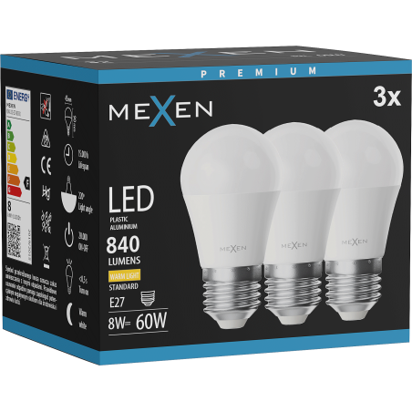 Mexen Nova 3x Bombilla LED E27, G45, 8W, Cálida - 3000K, 840 lm - L101-E27-0830-01x03