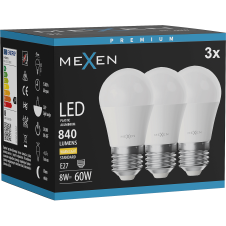 Mexen Nova 3x żarówka LED E27, G45, 8W, Ciepła - 3000K, 840 lm - L101-E27-0830-01x03