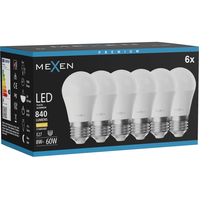 Mexen Nova 6x LED-lampa E27, G45, 8W, Varm - 3000K, 840 lm - L101-E27-0830-01x06