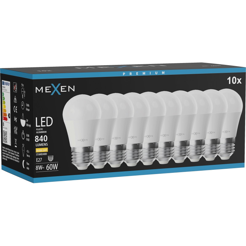 Mexen Nova 10x LED-glödlampa E27, G45, 8W, Varm - 3000K, 840 lm - L101-E27-0830-01x10
