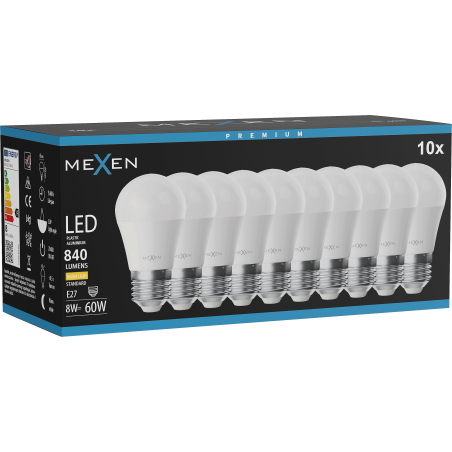 Mexen Nova 10x Bombilla LED E27, G45, 8W, Cálida - 3000K, 840 lm - L101-E27-0830-01x10