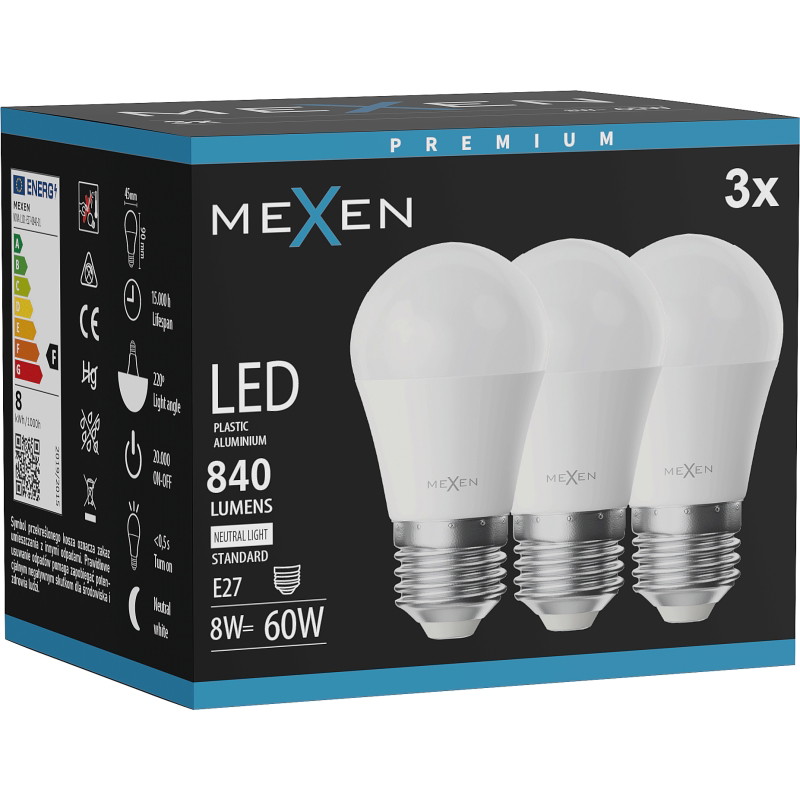 Mexen Nova 3x LED-lampa E27, G45, 8W, Neutral - 4000K, 840 lm - L101-E27-0840-01x03