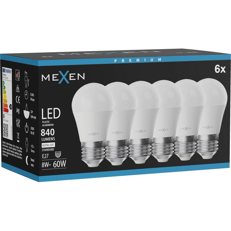 Mexen Nova 6x Bombilla LED E27, G45, 8W, Neutra - 4000K, 840 lm - L101-E27-0840-01x06