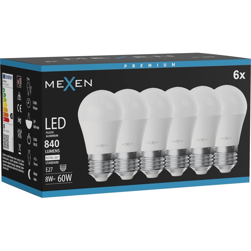 Mexen Nova 6x LED žarulja E27, G45, 8W, Neutralna - 4000K, 840 lm - L101-E27-0840-01x06
