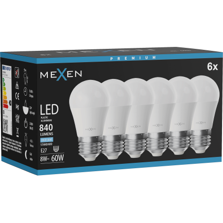 Mexen Nova 6x LED-lamppu E27, G45, 8W, Kylmä - 6500K, 840 lm - L101-E27-0865-01x06
