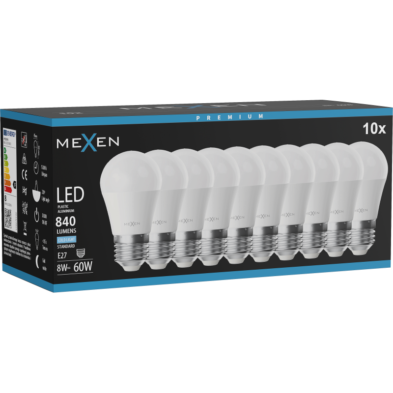 Mexen Nova 10x LED-Glühbirne E27, G45, 8W, Kalt - 6500K, 840 lm - L101-E27-0865-01x10