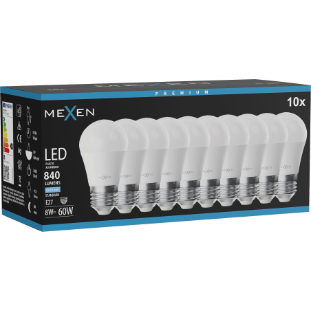 Mexen Nova 10x Bombilla LED E27, G45, 8W, Fría - 6500K, 840 lm - L101-E27-0865-01x10
