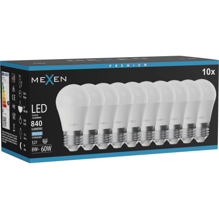 Mexen Nova 10x LED-Glühbirne E27, G45, 8W, Kalt - 6500K, 840 lm - L101-E27-0865-01x10