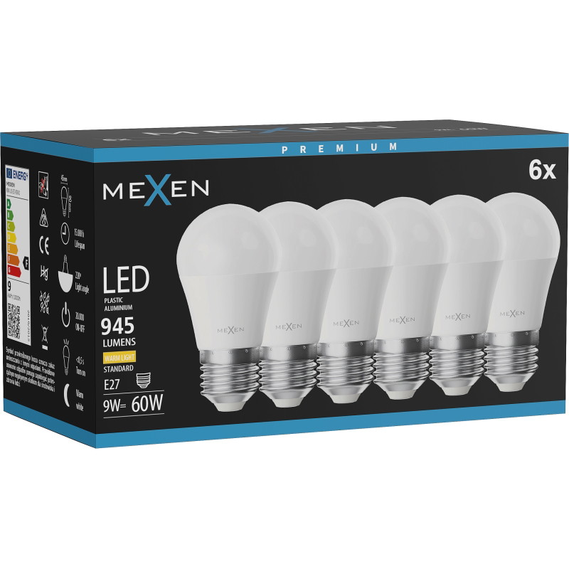 Mexen Nova 6x Bombilla LED E27, G45, 9W, Cálida - 3000K, 945 lm - L101-E27-0930-01x06