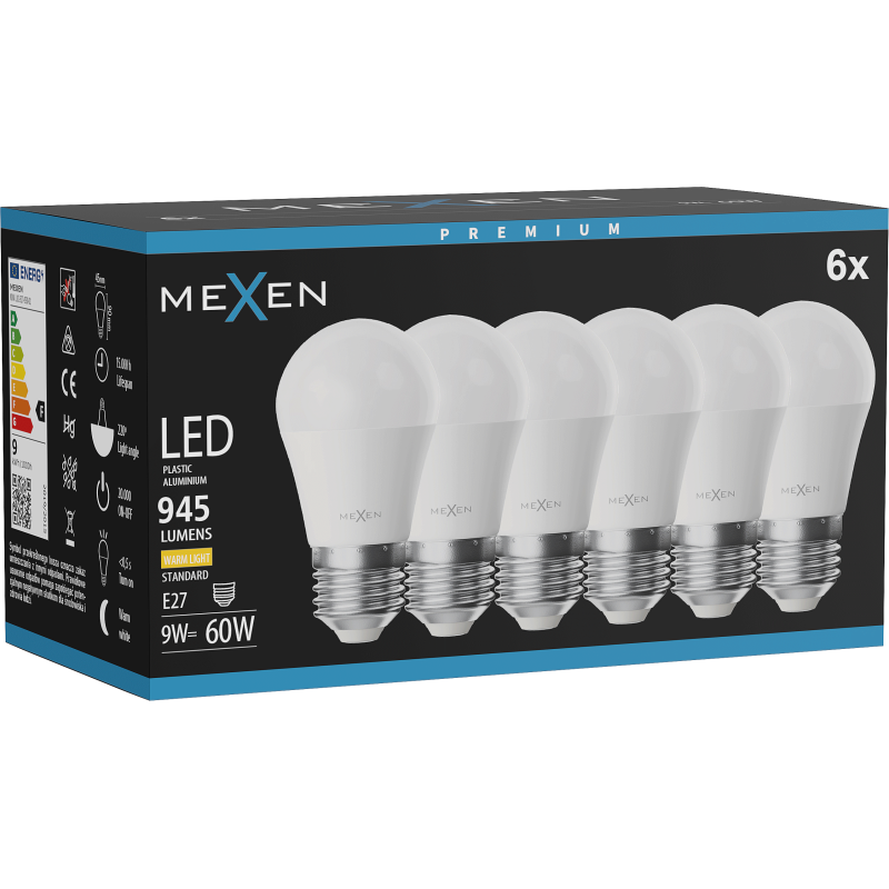 Mexen Nova 6x LED spuldze E27, G45, 9W, Silta - 3000K, 945 lm - L101-E27-0930-01x06