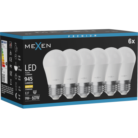 Mexen Nova 6x Lampadina LED E27, G45, 9W, Calda - 3000K, 945 lm - L101-E27-0930-01x06