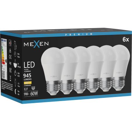 Mexen Nova 6x LED spuldze E27, G45, 9W, Silta - 3000K, 945 lm - L101-E27-0930-01x06