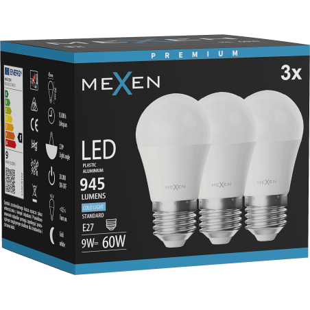 Mexen Nova 3x LED-lamp E27, G45, 9W, Külm - 6500K, 945 lm - L101-E27-0965-01x03