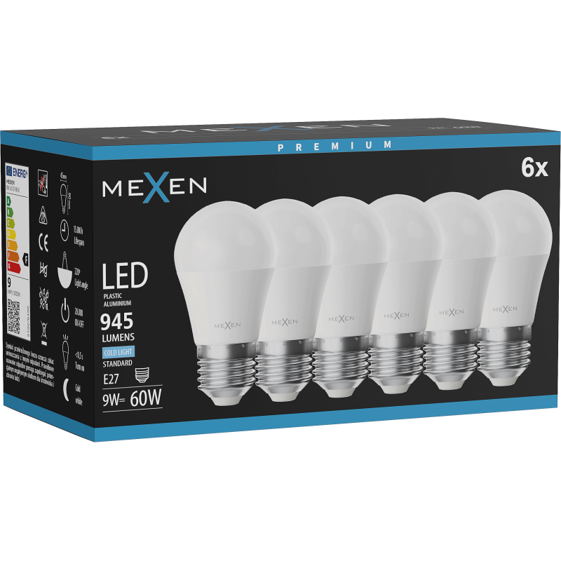Mexen Nova 6x żarówka LED E27, G45, 9W, Zimna - 6500K, 945 lm - L101-E27-0965-01x06