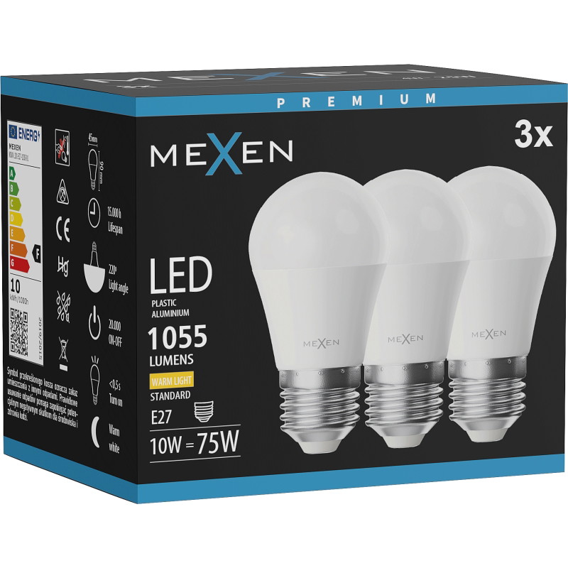 Mexen Nova 3x Bombilla LED E27, G45, 10W, Calida - 3000K, 1055 lm - L101-E27-1030-01x03