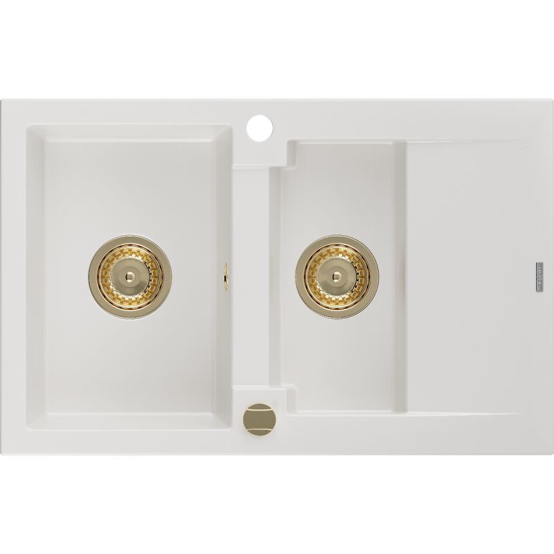 Mexen Gaspar fregadero de granito 1,5 senos con escurridor 737 x 475 mm, blanco, sifón dorado - 6507731505-20-G