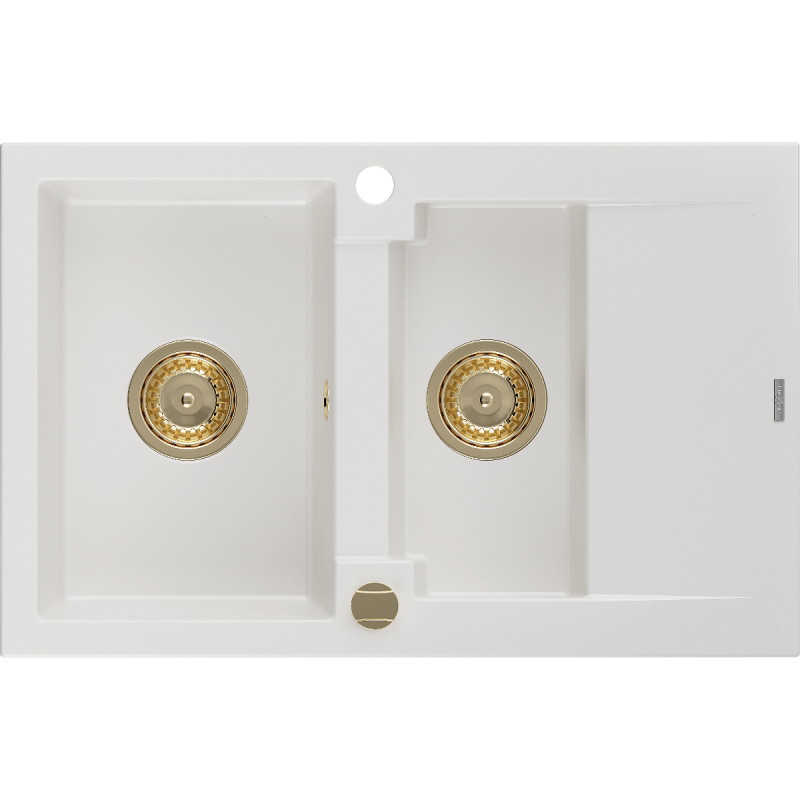 Mexen Gaspar granieten gootsteen 1,5-komor met druiprek 737 x 475 mm, wit, gouden sifon - 6507731505-20-G