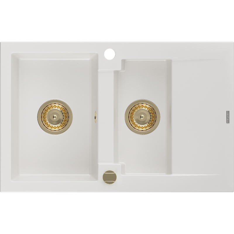 Mexen Gaspar graniittinen 1,5-allas tiskiallas valutustasolla 737 x 475 mm, valkoinen, kultainen siivilä - 6507731505-20-G
