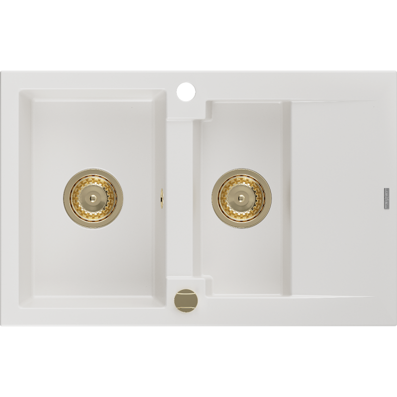 Mexen Gaspar lava-louça de granito 1,5-câmara com escorredor 737 x 475 mm, branco, sifão dourado - 6507731505-20-G