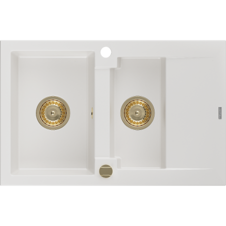 Mexen Gaspar granieten gootsteen 1,5-komor met afdruiprek 737 x 475 mm, wit, gouden sifon - 6507731505-20-G