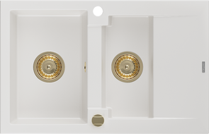Mexen Gaspar évier en granit 1,5 bac avec drain 737 x 475 mm, blanc, siphon doré - 6507731505-20-G