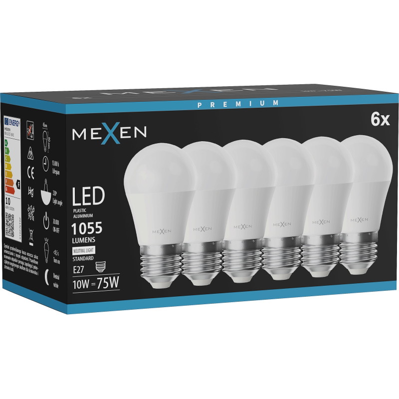 Mexen Nova 6x Bombilla LED E27, G45, 10W, Neutra - 4000K, 1055 lm - L101-E27-1040-01x06