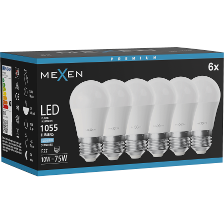 Mexen Nova 6x LED-lampa E27, G45, 10W, Kall - 6500K, 1055 lm - L101-E27-1065-01x06