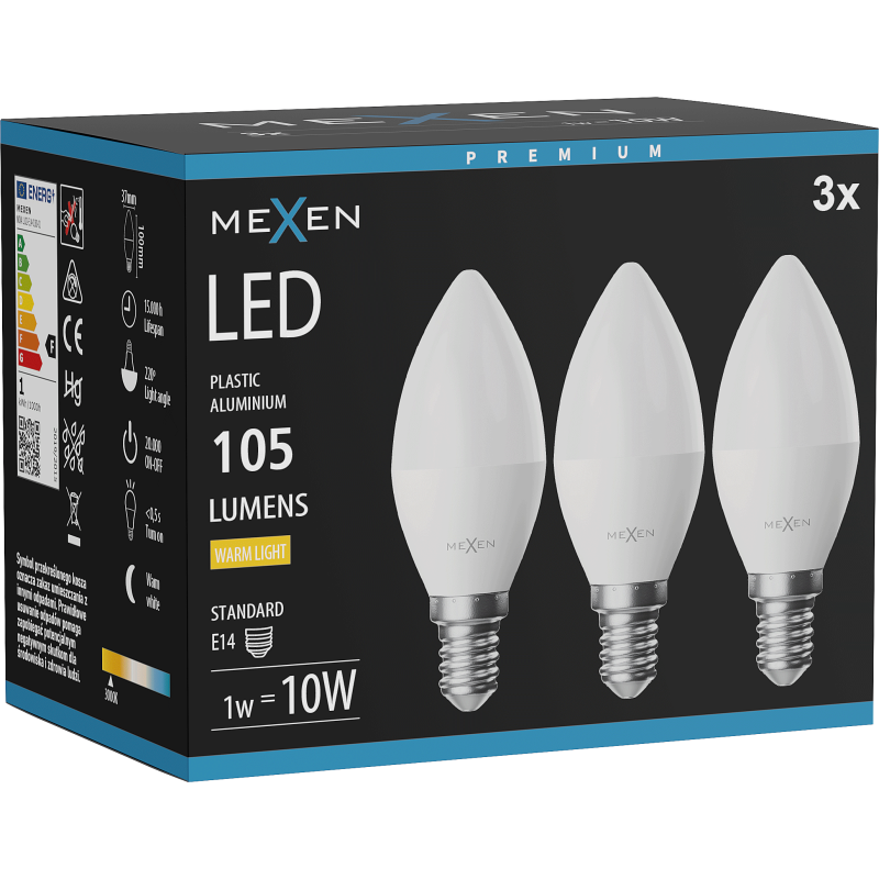 Mexen Nova 3x żarówka LED E14, C37, 1W, Ciepła - 3000K, 105 lm - L102-E14-0130-01x03