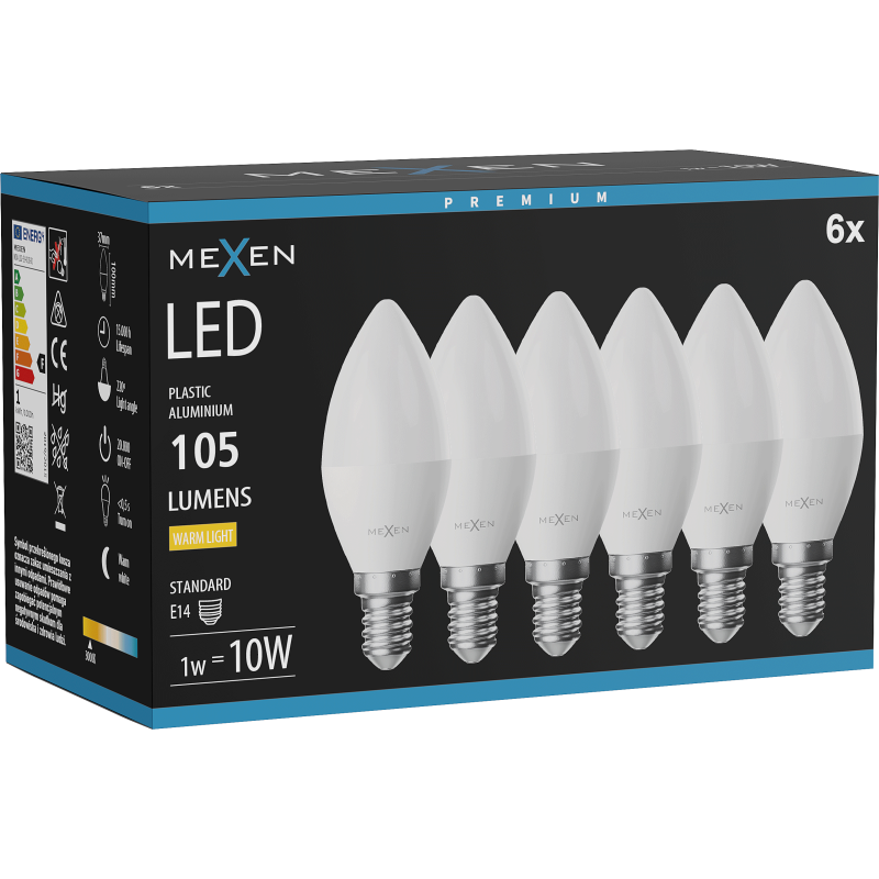 Mexen Nova 6x żarówka LED E14, C37, 1W, Ciepła - 3000K, 105 lm - L102-E14-0130-01x06