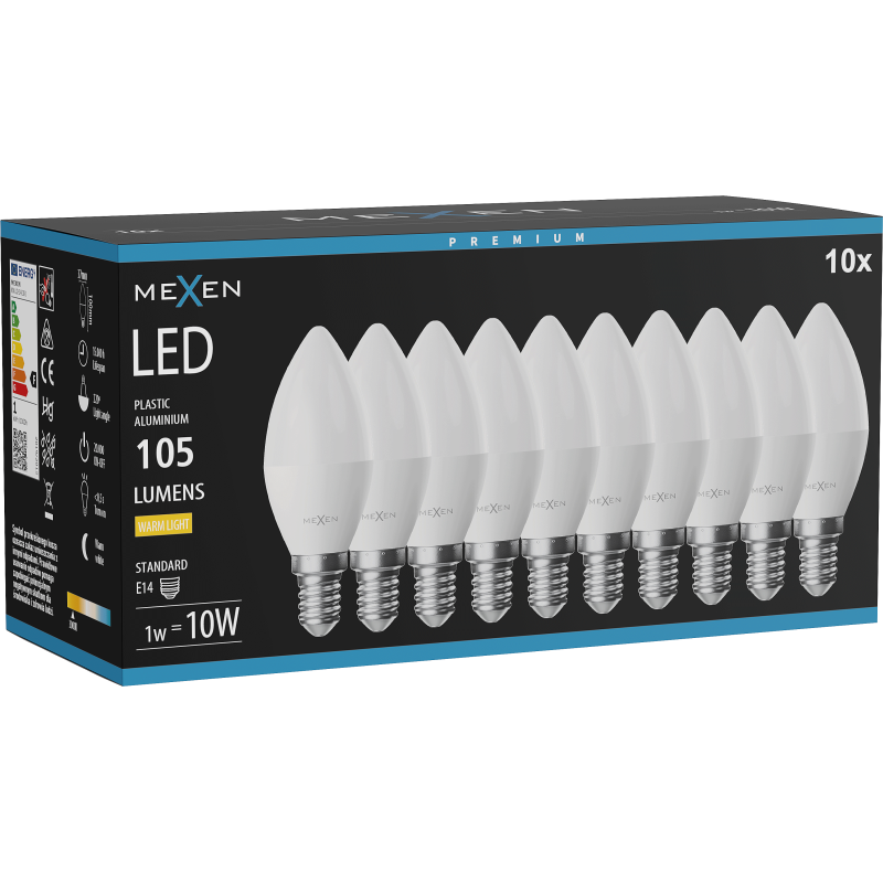 Mexen Nova 10x żarówka LED E14, C37, 1W, Ciepła - 3000K, 105 lm - L102-E14-0130-01x10