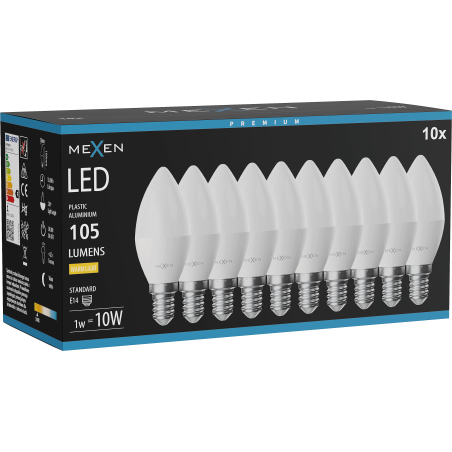 Mexen Nova 10x LED-Glühbirne E14, C37, 1W, Warm - 3000K, 105 lm - L102-E14-0130-01x10