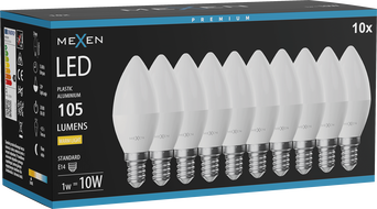 Mexen Nova 10x LED pirn E14, C37, 1W, Soe - 3000K, 105 lm - L102-E14-0130-01x10
