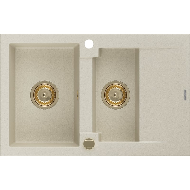 Mexen Gaspar 1,5-fachiges Spülbecken aus Granit mit Abtropffläche 737 x 475 mm, beige, goldener Siphon - 6507731505-69-G