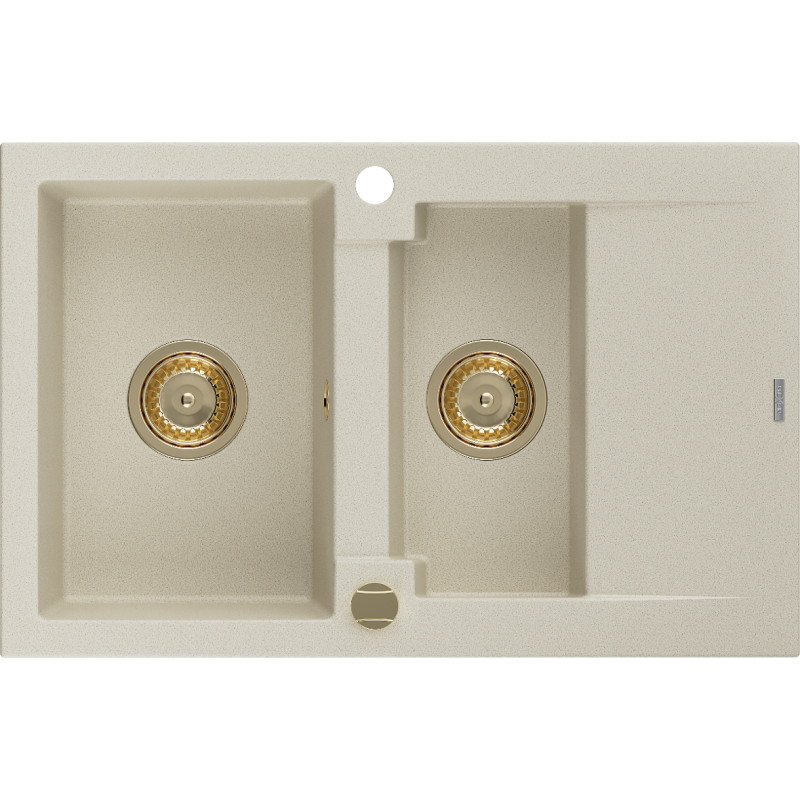 Mexen Gaspar granitdiskbänk med 1,5 ho med avrinningsyta 737 x 475 mm, beige, guld sifon - 6507731505-69-G