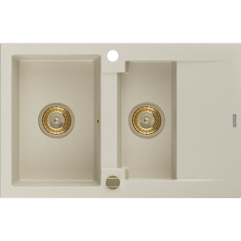 Mexen Gaspar granitische spoelbak 1,5-kamerige met afdruipplaat 737 x 475 mm, beige, gouden sifon - 6507731505-69-G