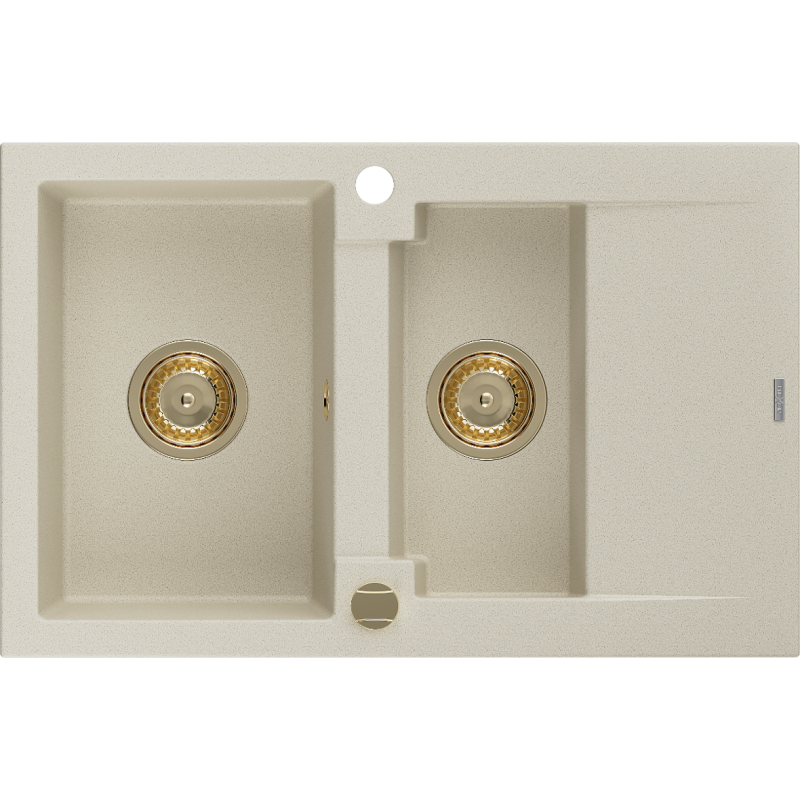 Mexen Gaspar Granitspüle 1,5-Becken mit Abtropffläche 737 x 475 mm, beige, goldener Siphon - 6507731505-69-G