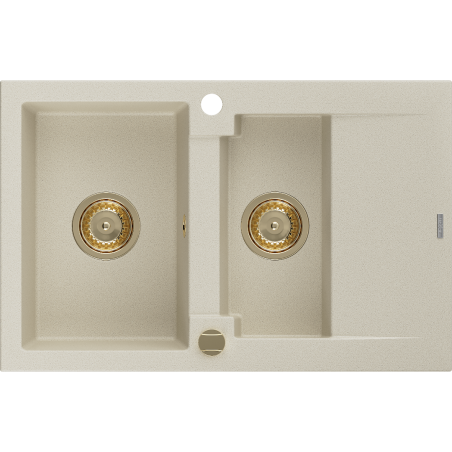 Mexen Gaspar granite sink 1.5-bowl with drainer 737 x 475 mm, beige, gold siphon - 6507731505-69-G