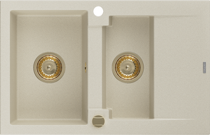 Mexen Gaspar fregadero de granito de 1,5 cubetas con escurridor 737 x 475 mm, beige, sifón dorado - 6507731505-69-G