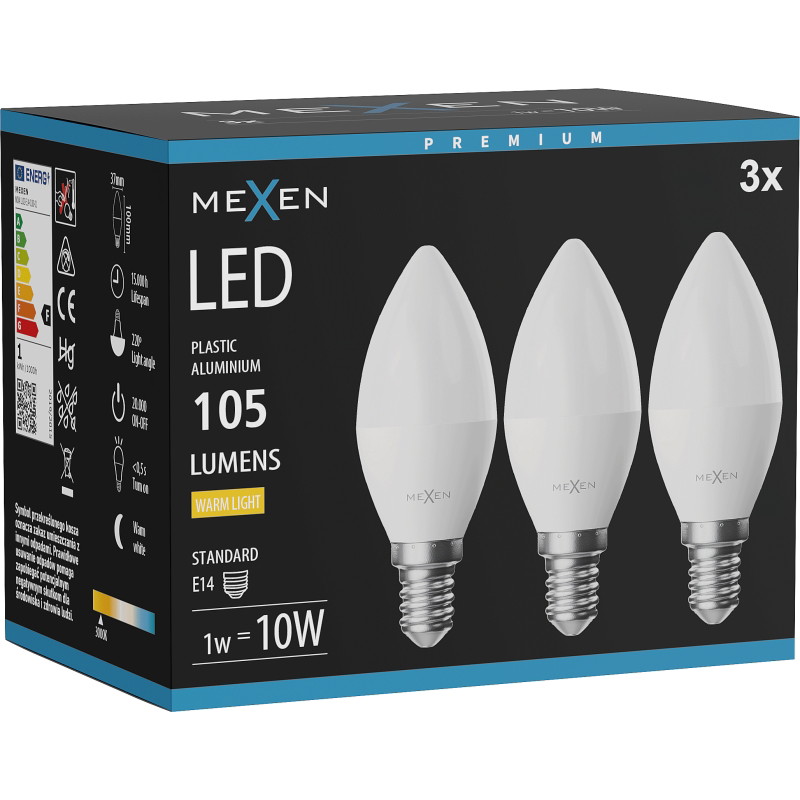 Mexen Nova 3x Bombilla LED E14, C37, 1W, Neutra - 4000K, 105 lm - L102-E14-0140-01x03