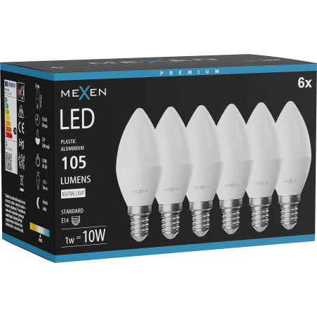 Mexen Nova 6x Bombilla LED E14, C37, 1W, Neutra - 4000K, 105 lm - L102-E14-0140-01x06