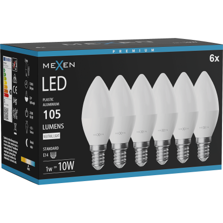 Mexen Nova 6x Lampadina LED E14, C37, 1W, Neutra - 4000K, 105 lm - L102-E14-0140-01x06