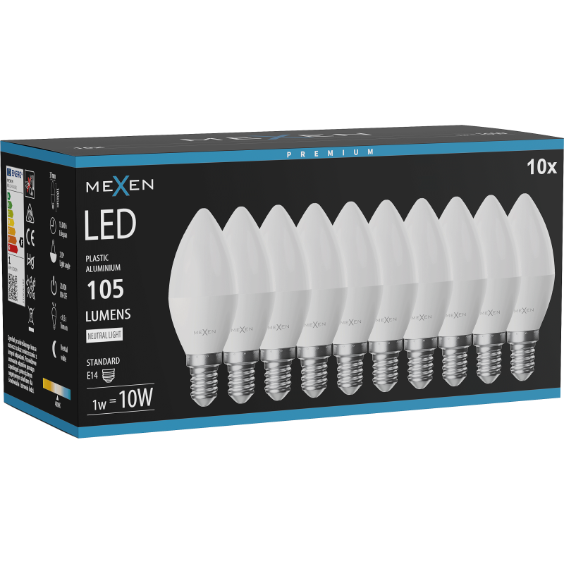 Mexen Nova 10x Lampadina LED E14, C37, 1W, Neutro - 4000K, 105 lm - L102-E14-0140-01x10